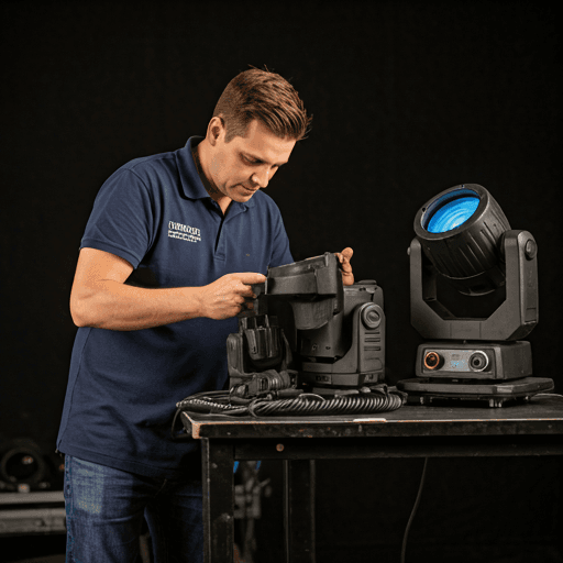 Lighting technician organizing high-end stage lights